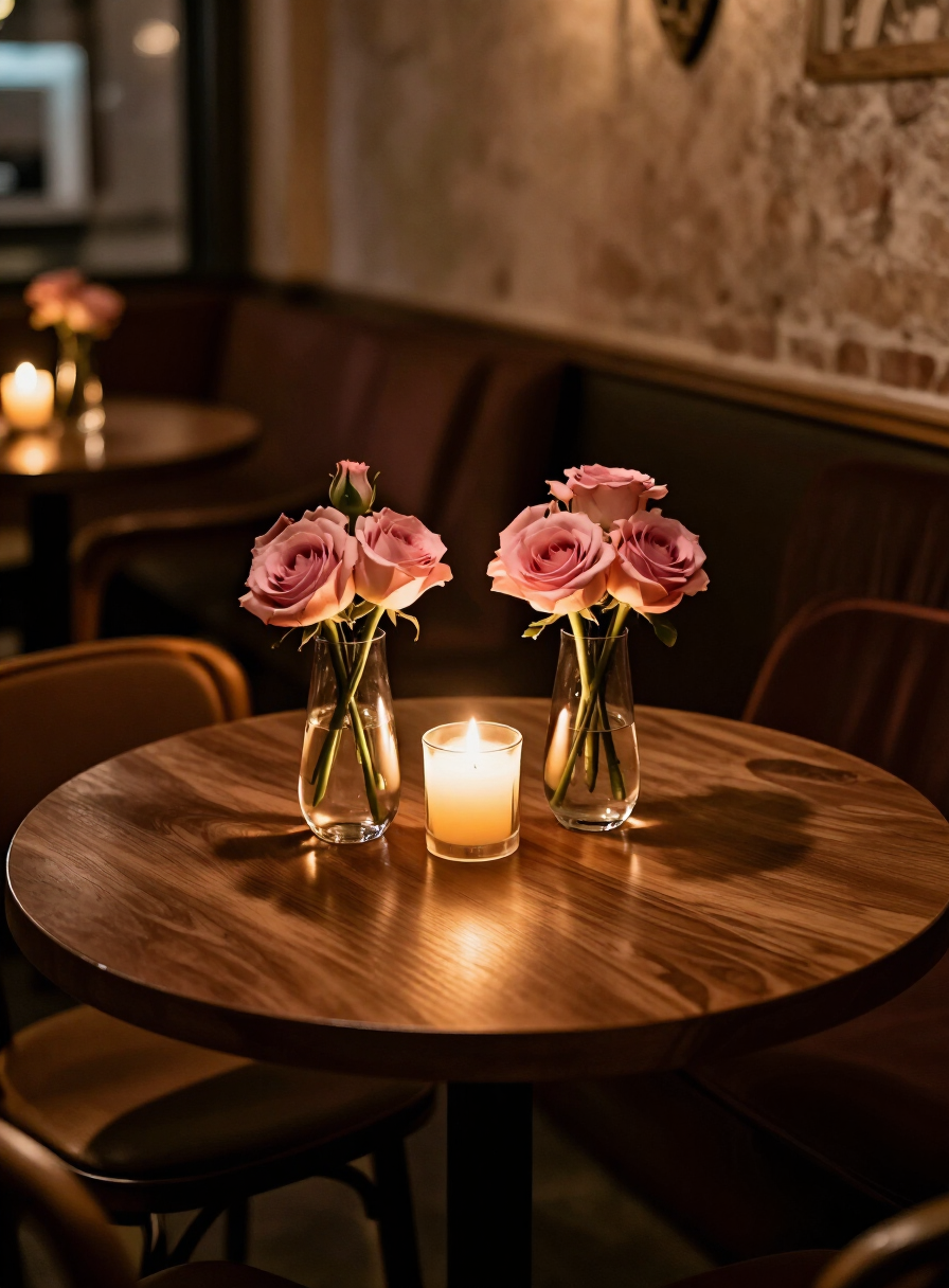 Romantischer Tisch mit Kerzen und Blumen