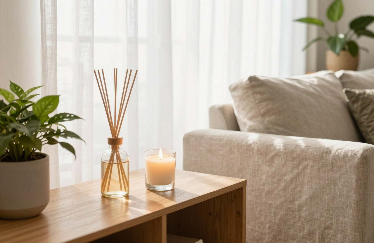 Living luminoso con un difusor de varillas y una vela sobre un mueble de madera