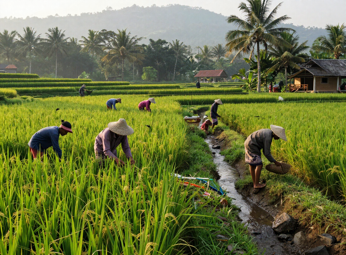 Petani merawat sawah hijau di desa