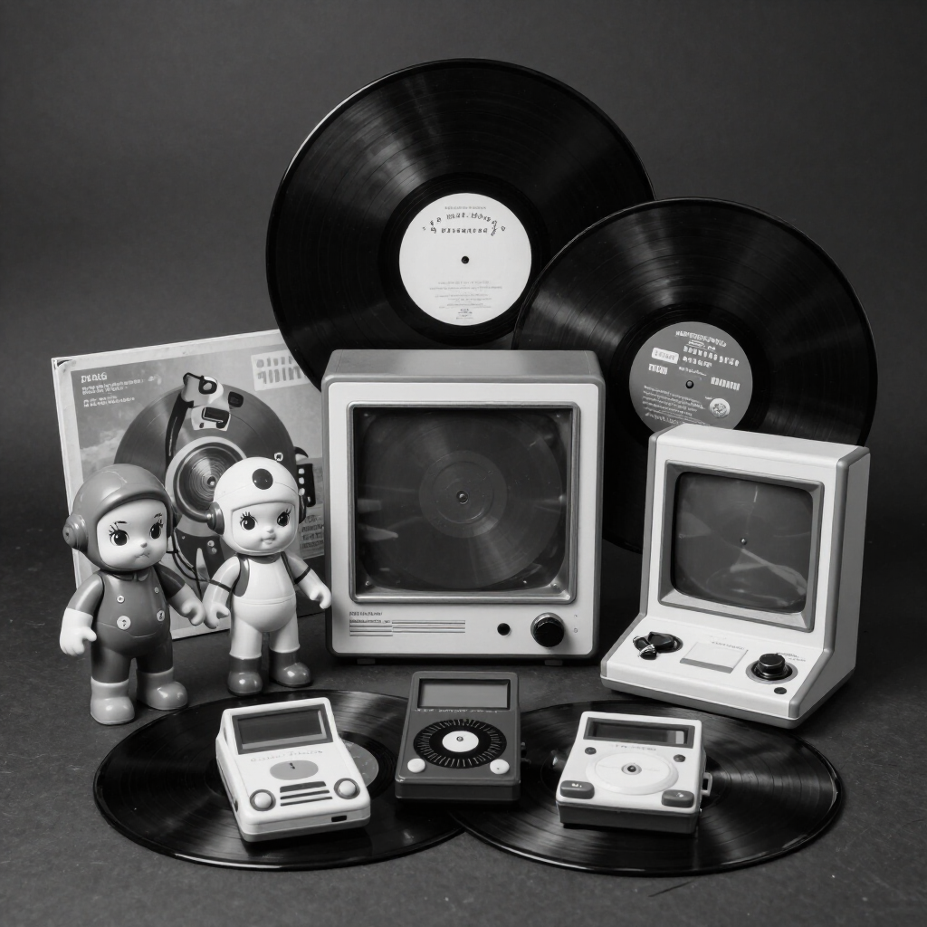 Black and white photo of vintage toys, vinyl records, and retro games