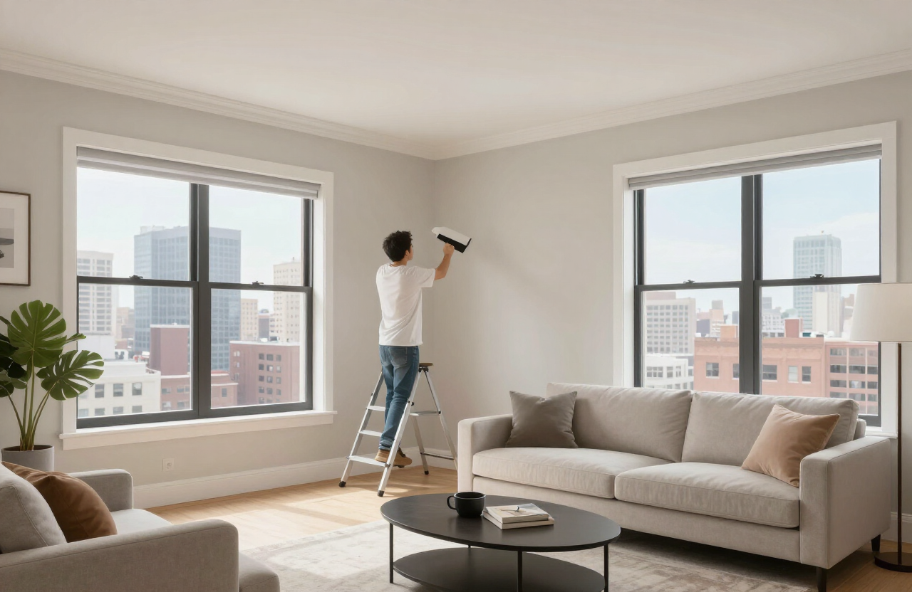 Illustrative modern Hackensack NJ condo living room interior with freshly painted warm greige walls and a painter cutting in near crown molding