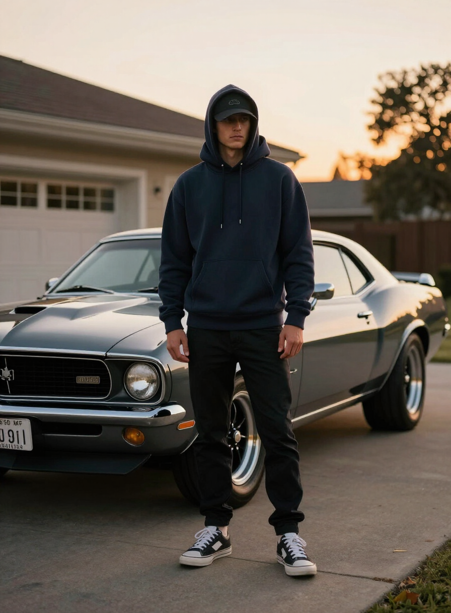 MCM hoodie worn leaning on a classic muscle car at golden hour