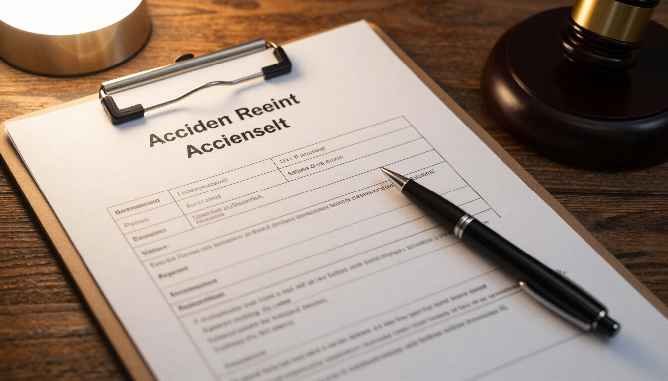Close up of an official accident report document with a clipboard and pen on a wooden desk under warm lamp light