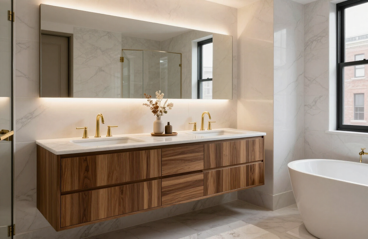 Walnut Spa Vanity — bathroom vanity by HS Kitchens Studio, Brooklyn, NY
