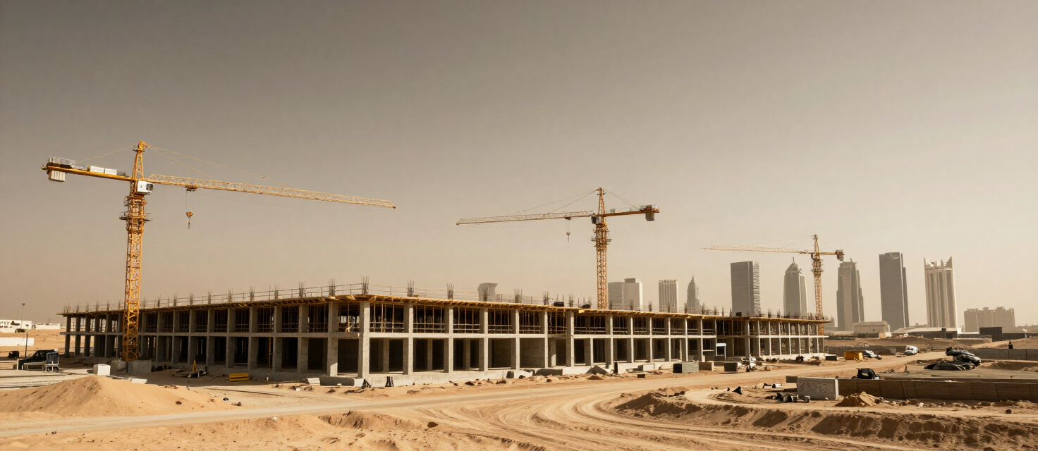 Illustrative view of a construction site and contemporary skyline in Saudi Arabia