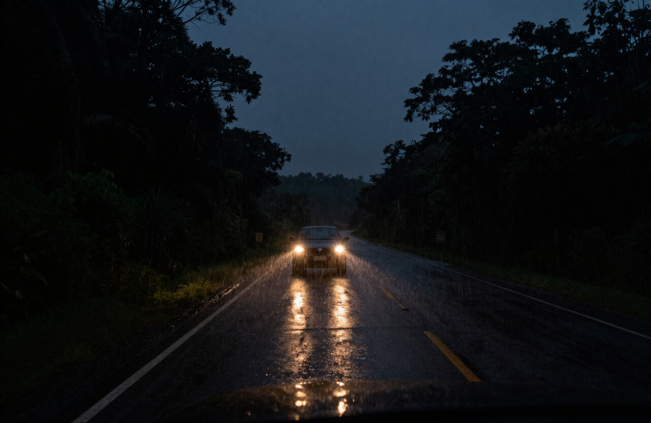 Visão do motorista em estrada escura e chuvosa com faróis halógenos fracos