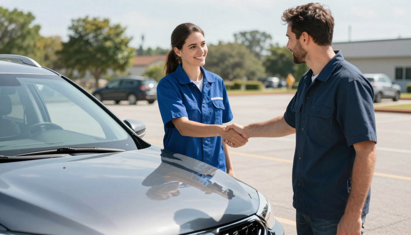 Satisfied customer with Skyview Auto Glass technician after windshield replacement backed by lifetime warranty