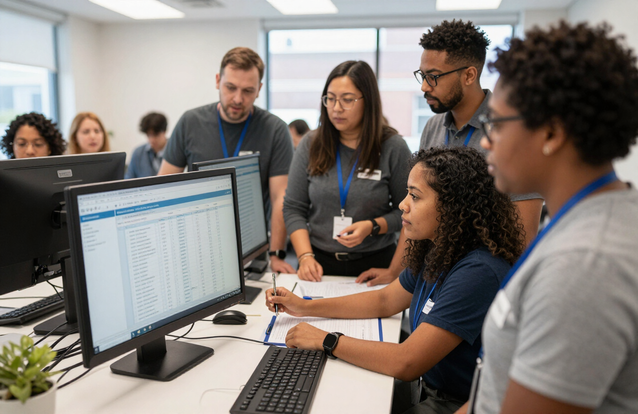 Nonprofit team working together at computers reviewing donor data