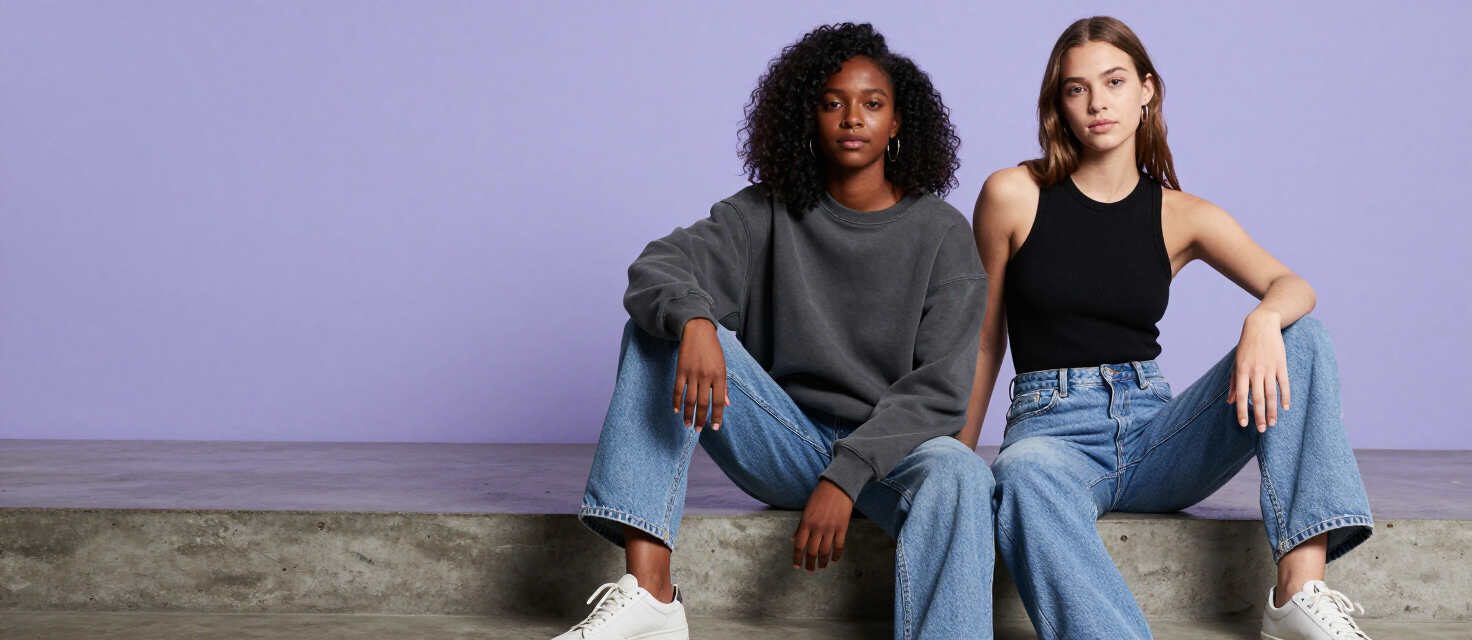 Relaxed everyday streetwear in a lilac studio