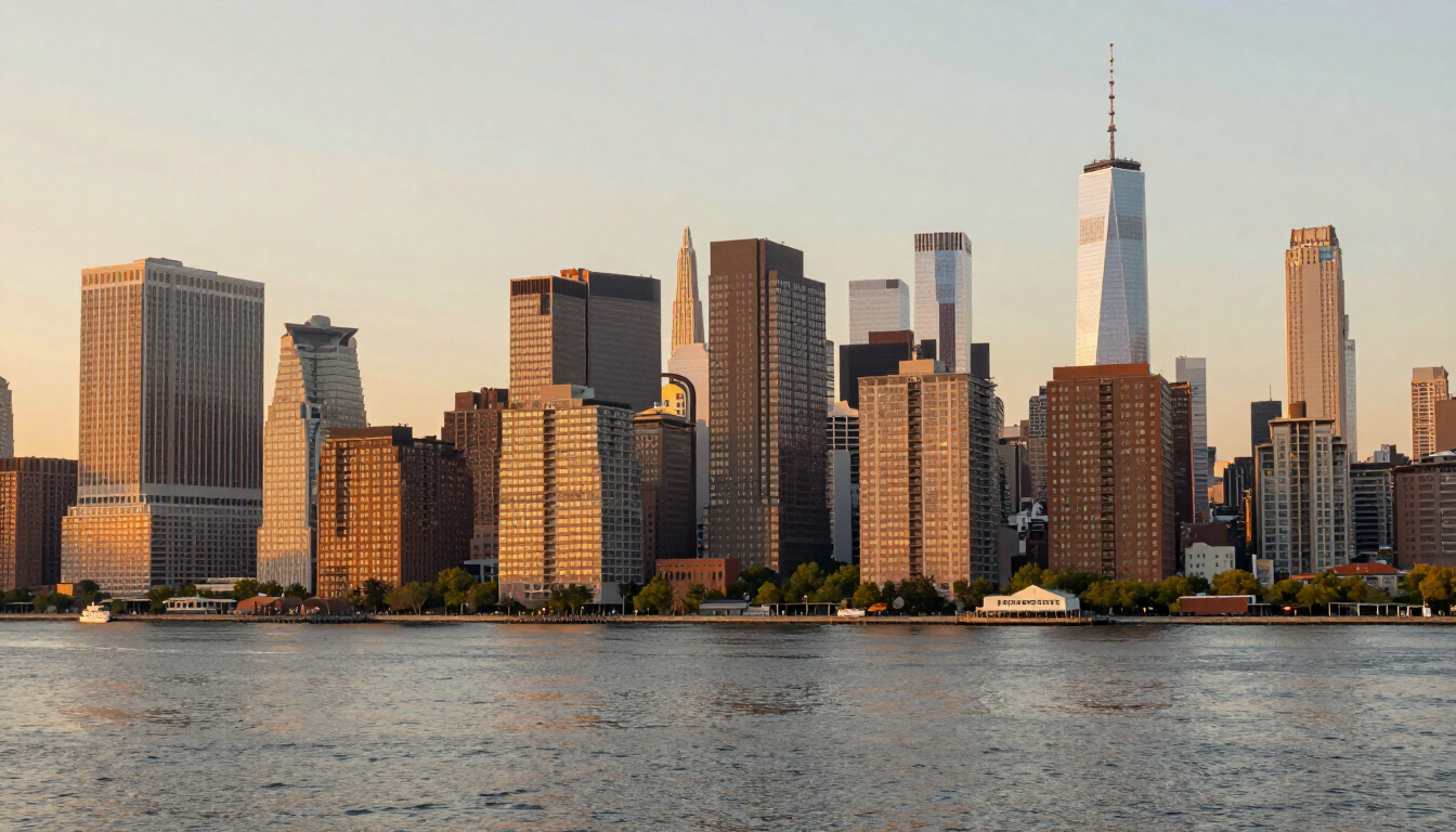 Illustrative Hoboken NJ waterfront skyline with residential high-rises along the Hudson River at golden hour