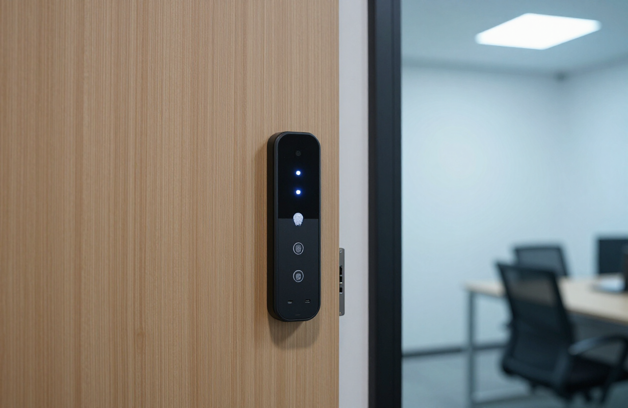 Fingerprint door access terminal installed beside an office door in Selangor