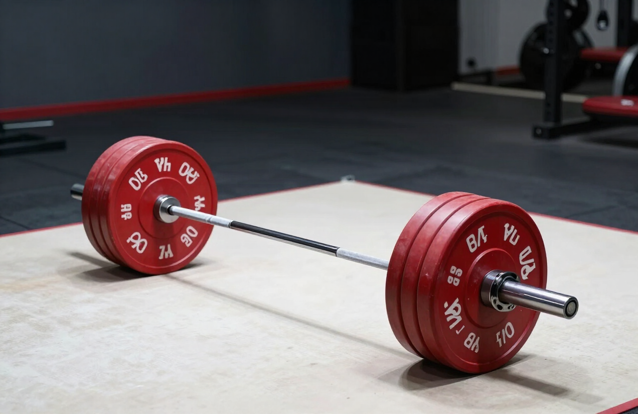 Loaded Olympic bar and red plates on a gym floor