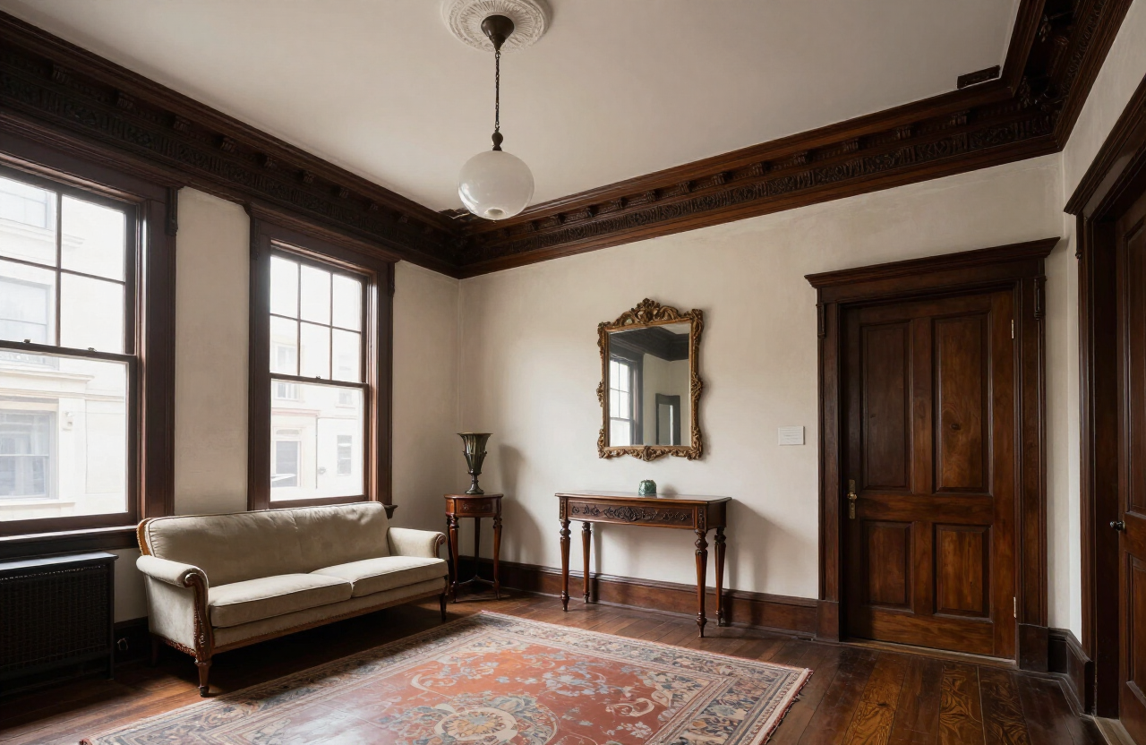 Historic brownstone interior in Weehawken NJ with original plaster walls and ornate wood trim