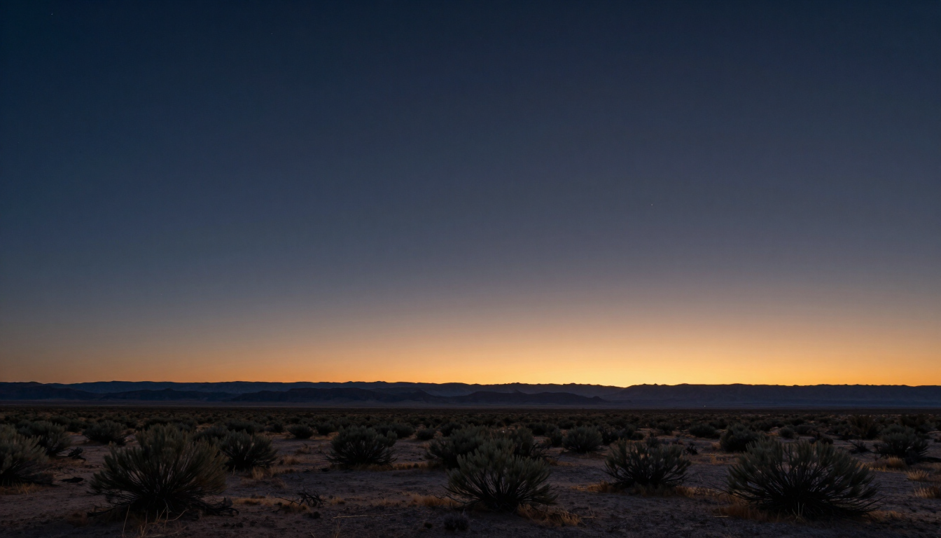 Pre-dawn high desert sky, deep indigo fading to warm amber on the eastern horizon, sagebrush silhouettes.