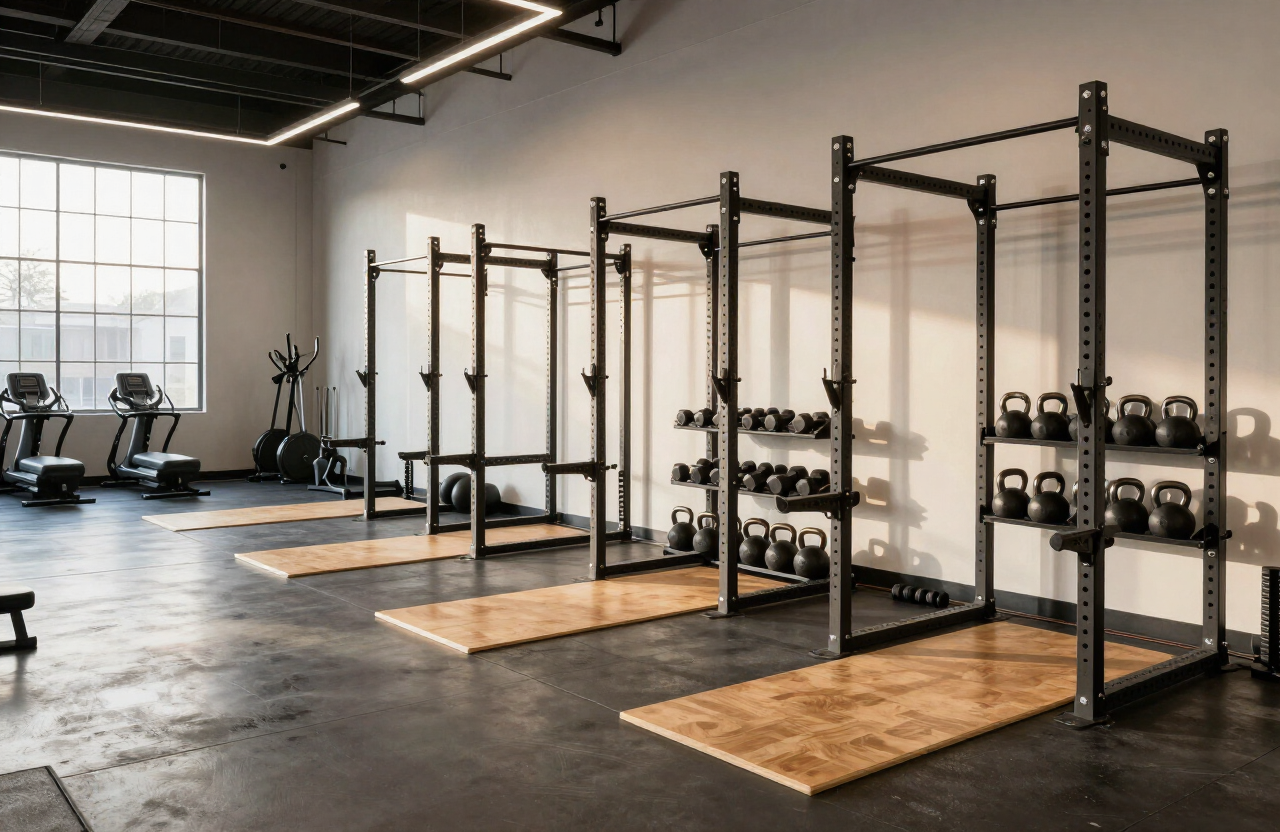 The Firmvault training floor — power racks, lifting platforms, and organized strength equipment in natural light