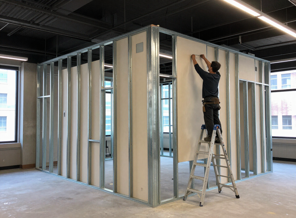 Commercial office interior with metal stud framing and half-hung drywall