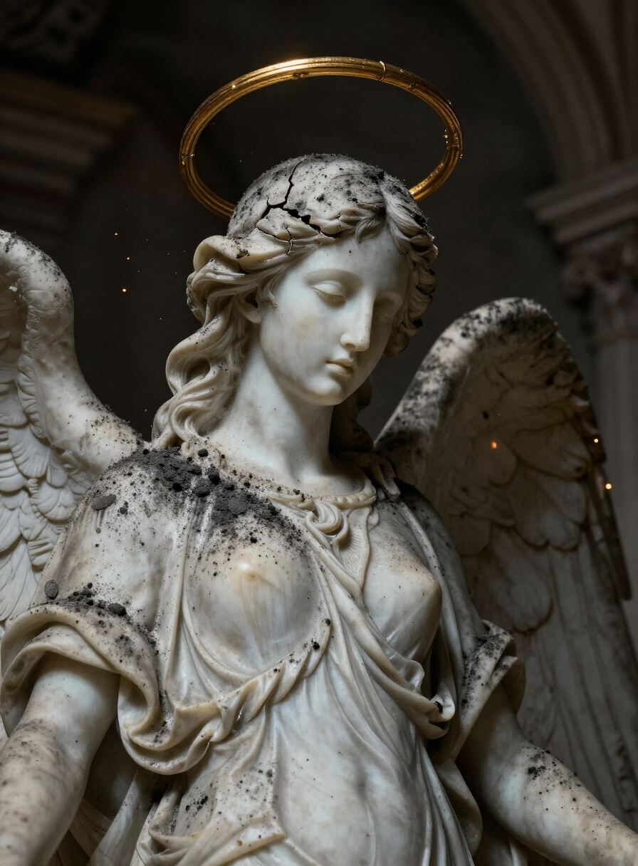 A faceless marble angel with a cracked golden halo, covered in ash