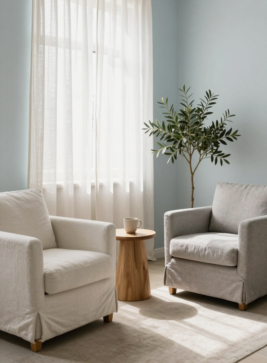Consulta serena de psicoterapia con butacas de lino y luz natural