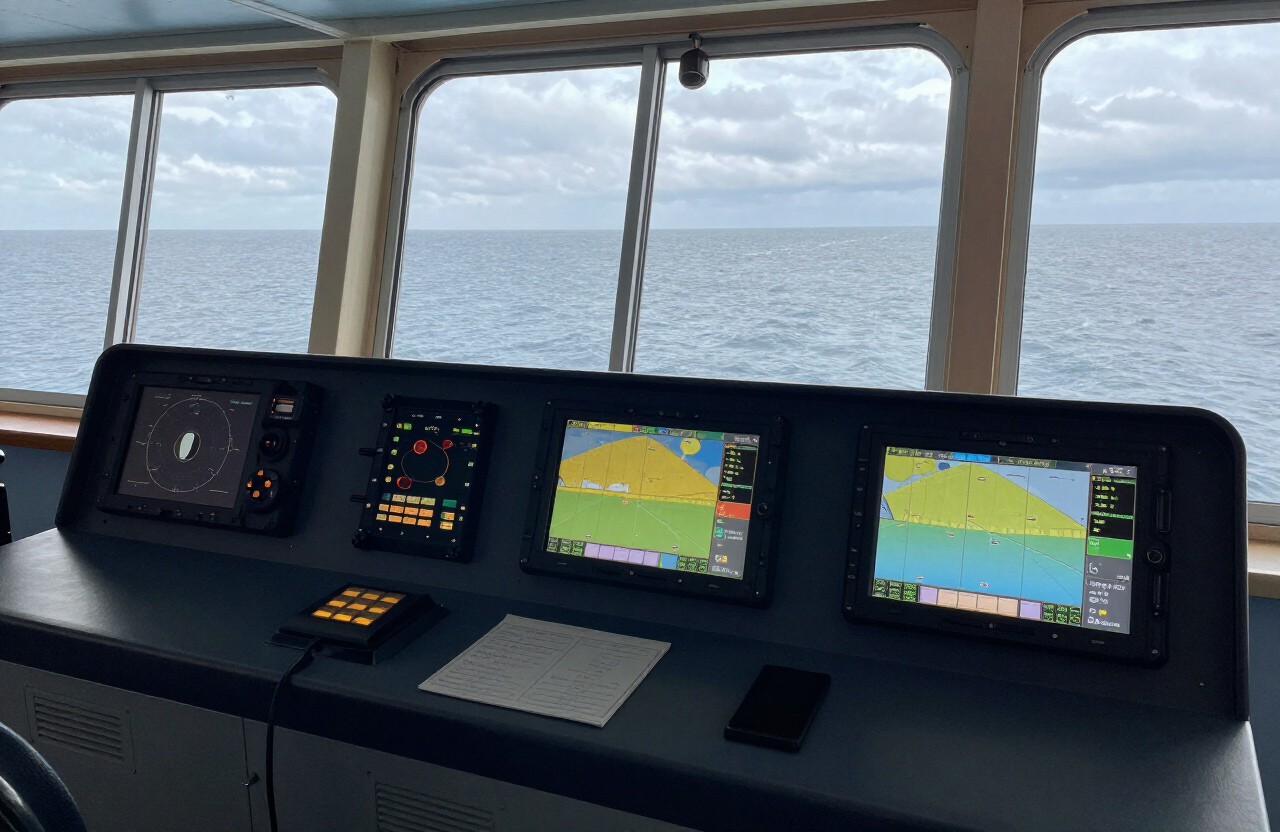 Ship bridge with marine-certified navigation displays and rugged panel computers