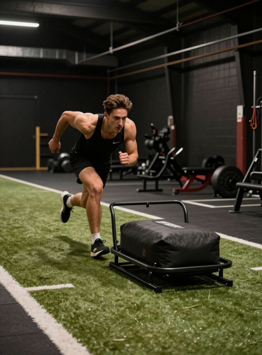 Athlete sprinting with a weighted sled across indoor turf