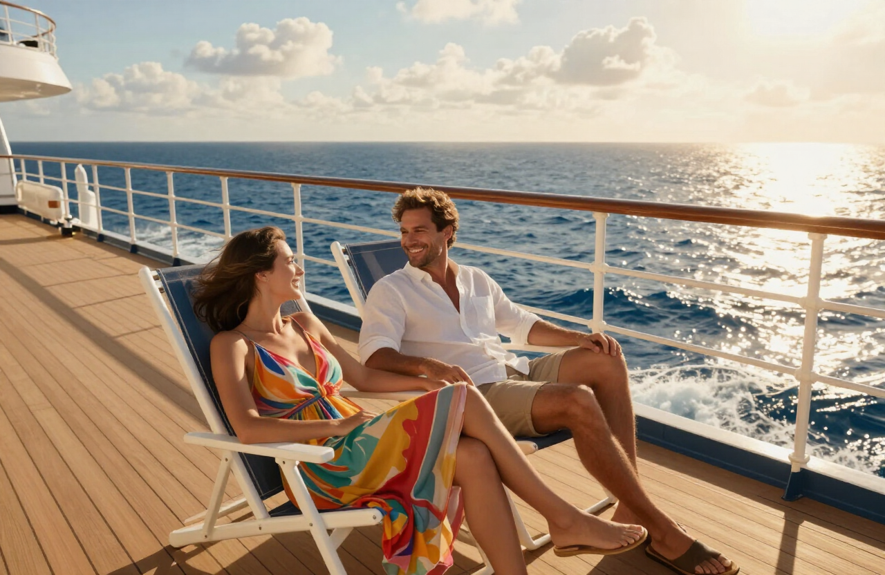A couple relaxing in deck chairs while enjoying the ocean view from a cruise ship