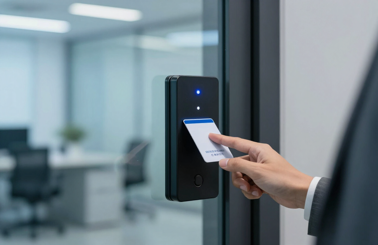 Hand tapping an access card on a door access reader beside a glass office door