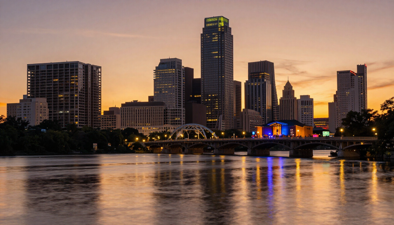 Downtown Austin skyline at dusk with Congress Avenue Bridge and live-music venues glowing in the background