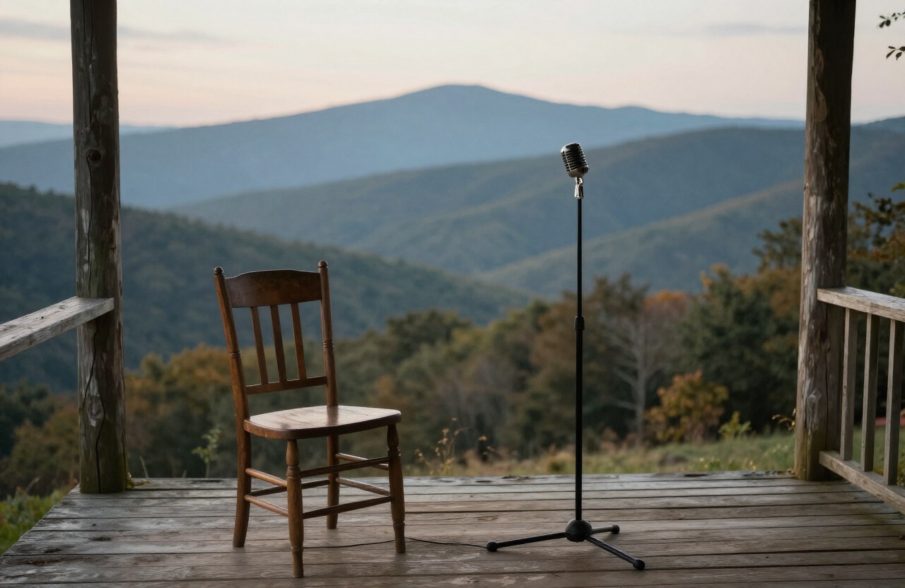 Weathered Appalachian porch in Southwest Virginia with an empty wooden chair and a vintage microphone on a stand, Blue Ridge mountains in the background at evening