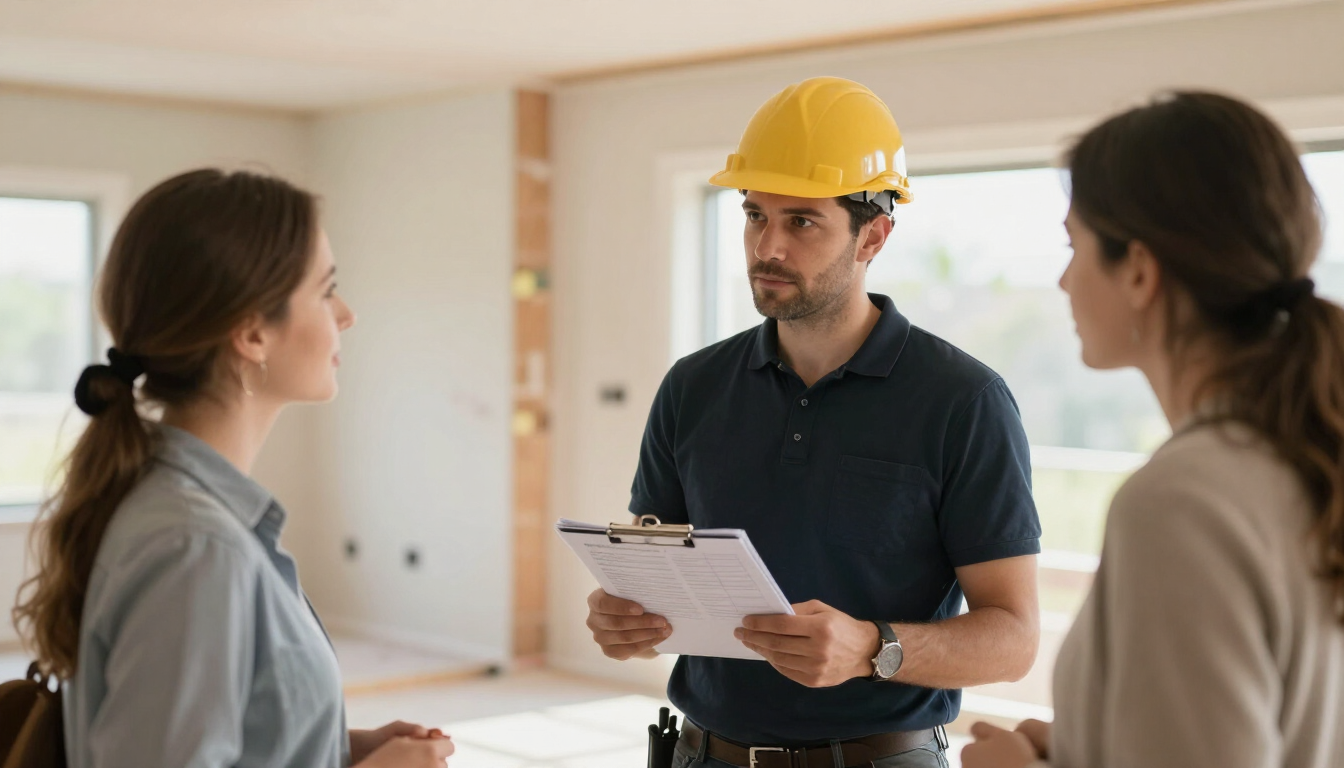 Construction site manager reviewing a punch list report with an owner during a final walkthrough