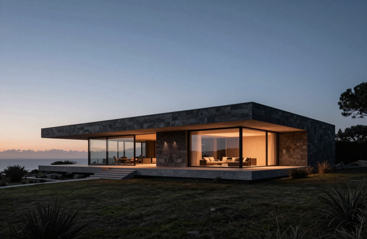 Residencia contemporánea de piedra y cristal iluminada frente al mar