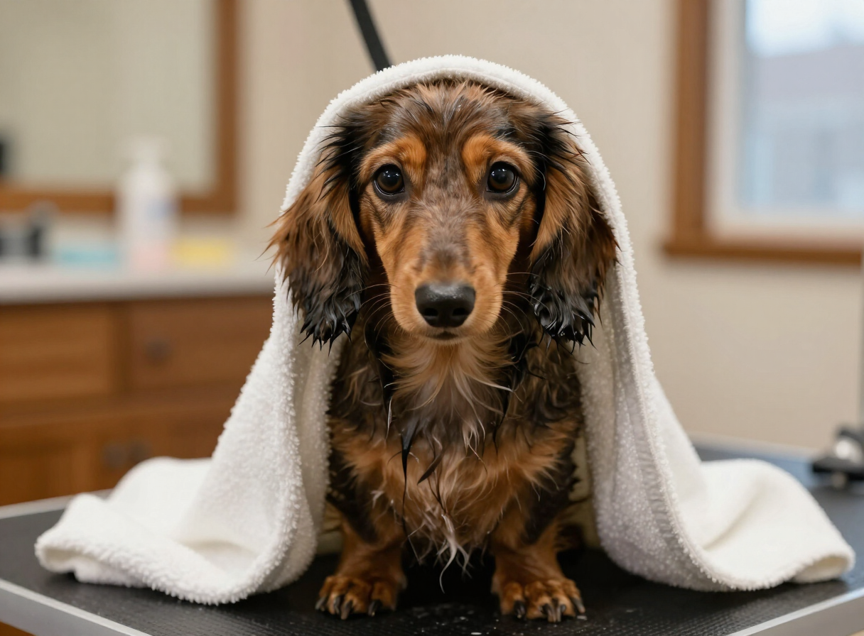 A long-haired Dachshund puppy wrapped in a towel after a bath