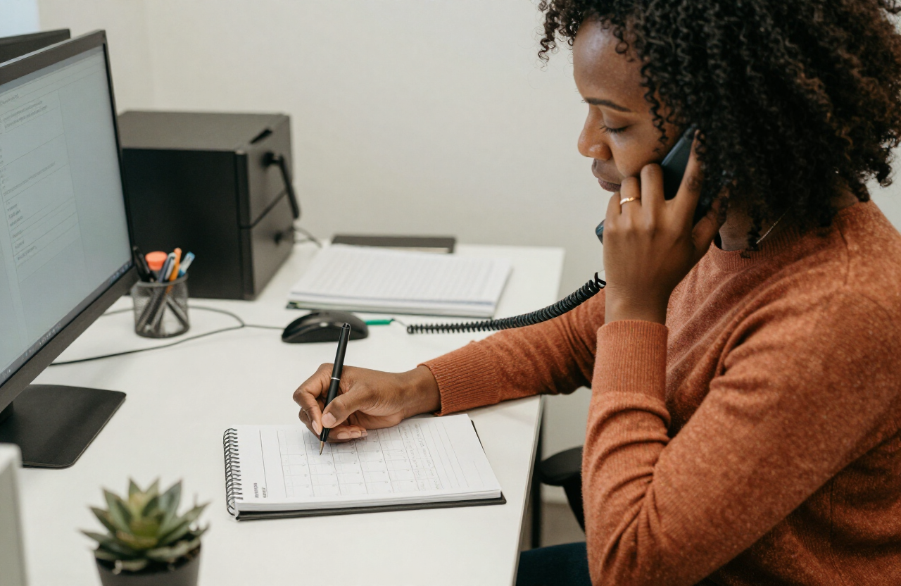A coordinator taking notes on a paper calendar during a scheduling call