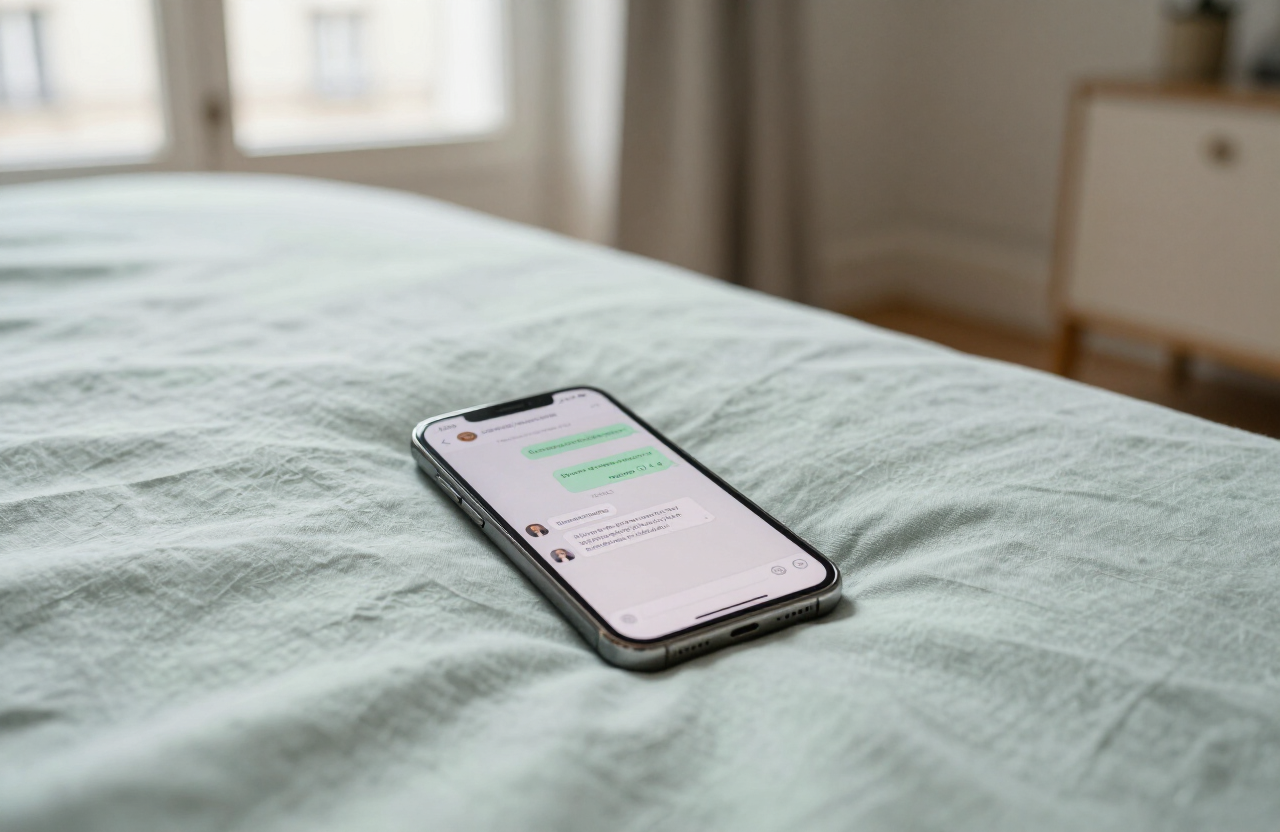 Un smartphone posé sur un lit le week-end, affichant des questions de clientes d'une boutique en ligne