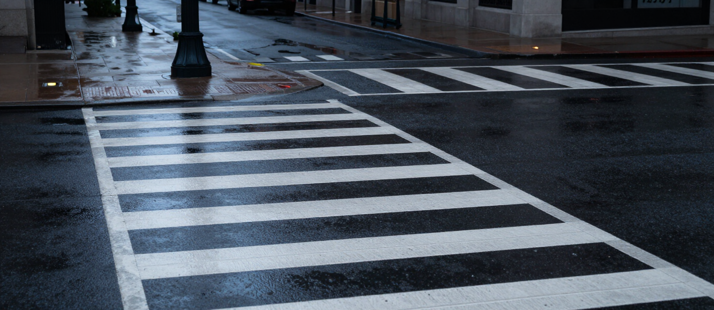 Downtown Kansas City pedestrian crosswalk at dusk with zebra stripes and walk signal, wet pavement reflections