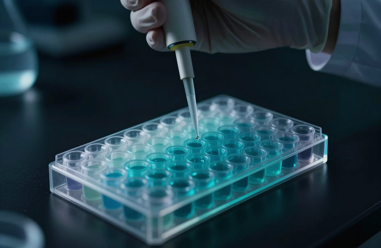 Close-up of a 96-well assay microplate with cyan samples and a multichannel pipette in a dark laboratory