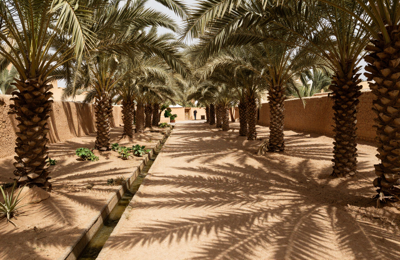 A walking path through a date-palm oasis grove near Nkob, southern Morocco, with an irrigation channel alongside