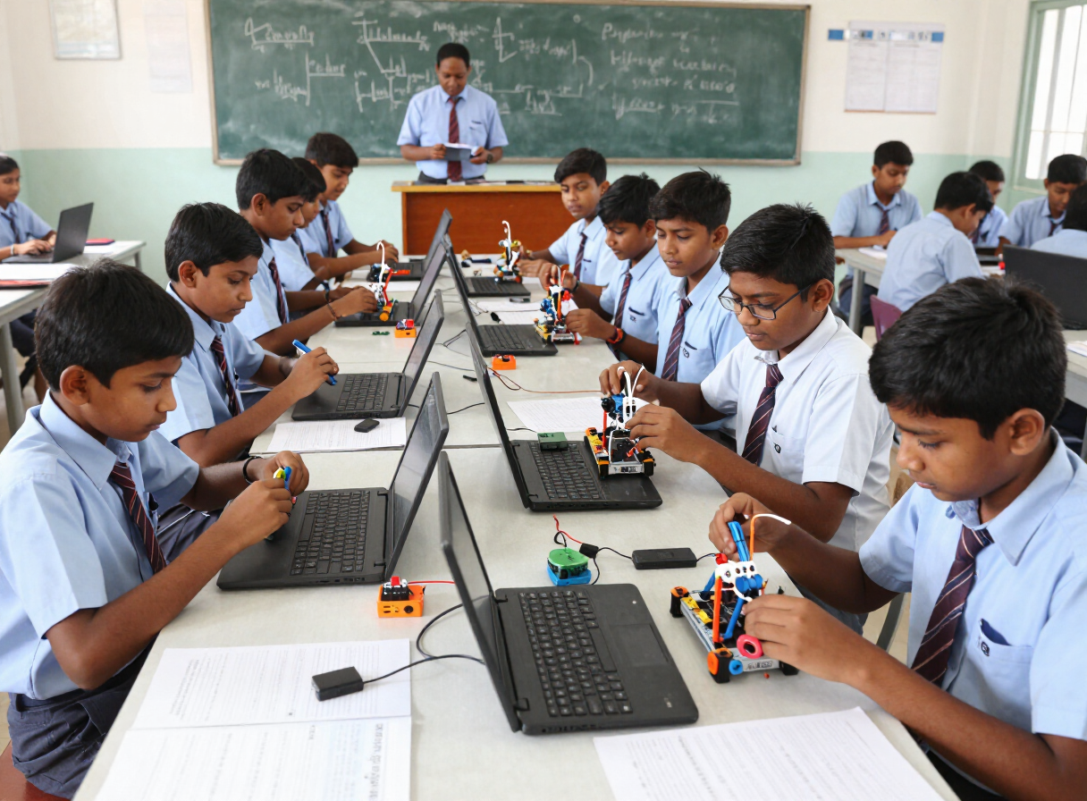 Robotics workshop — students assembling their first bots