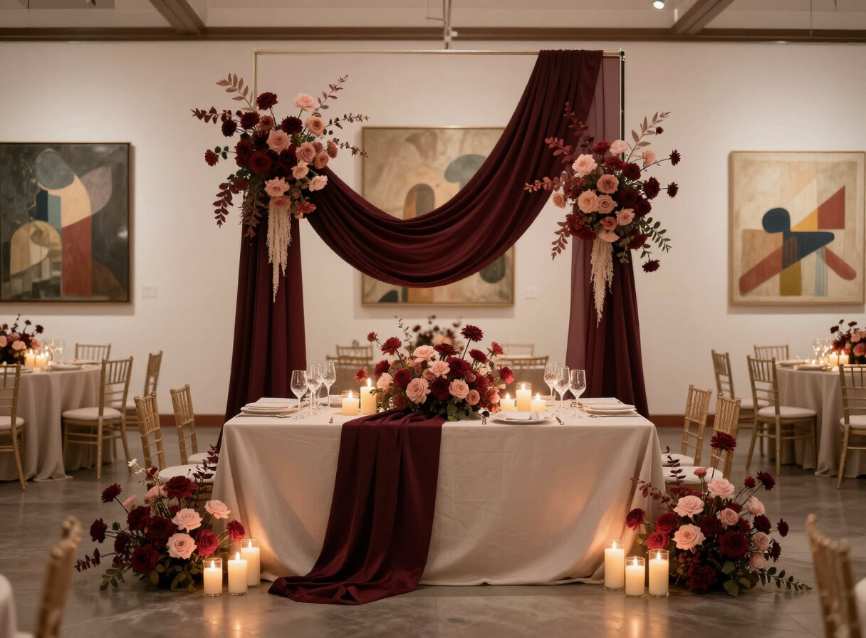 Decoración floral y velas en un montaje para eventos