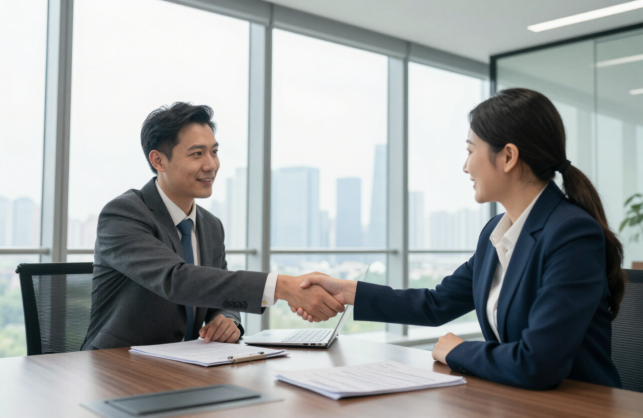 Business partners shaking hands in a Guangzhou office