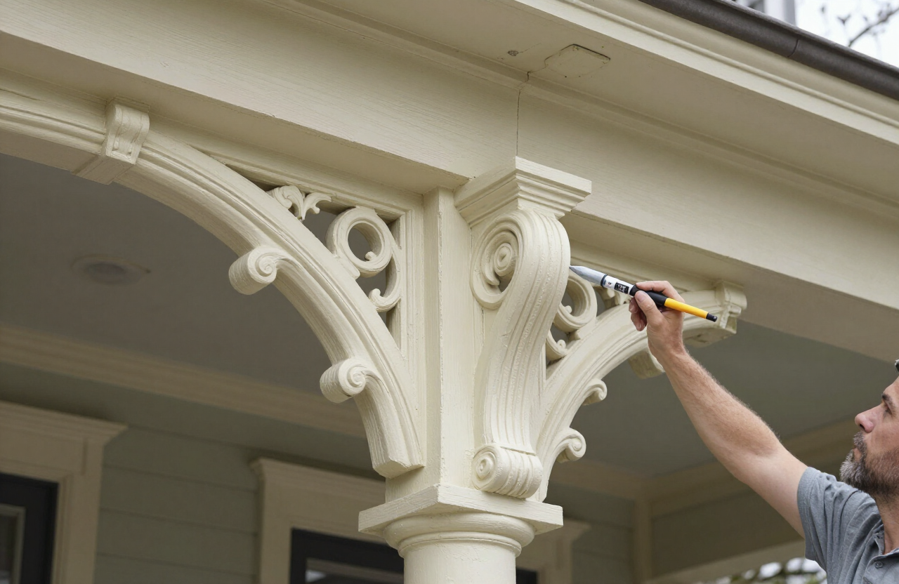 Detailed trim painting in progress on a Rutherford NJ Victorian home with painter applying cream paint to gingerbread brackets