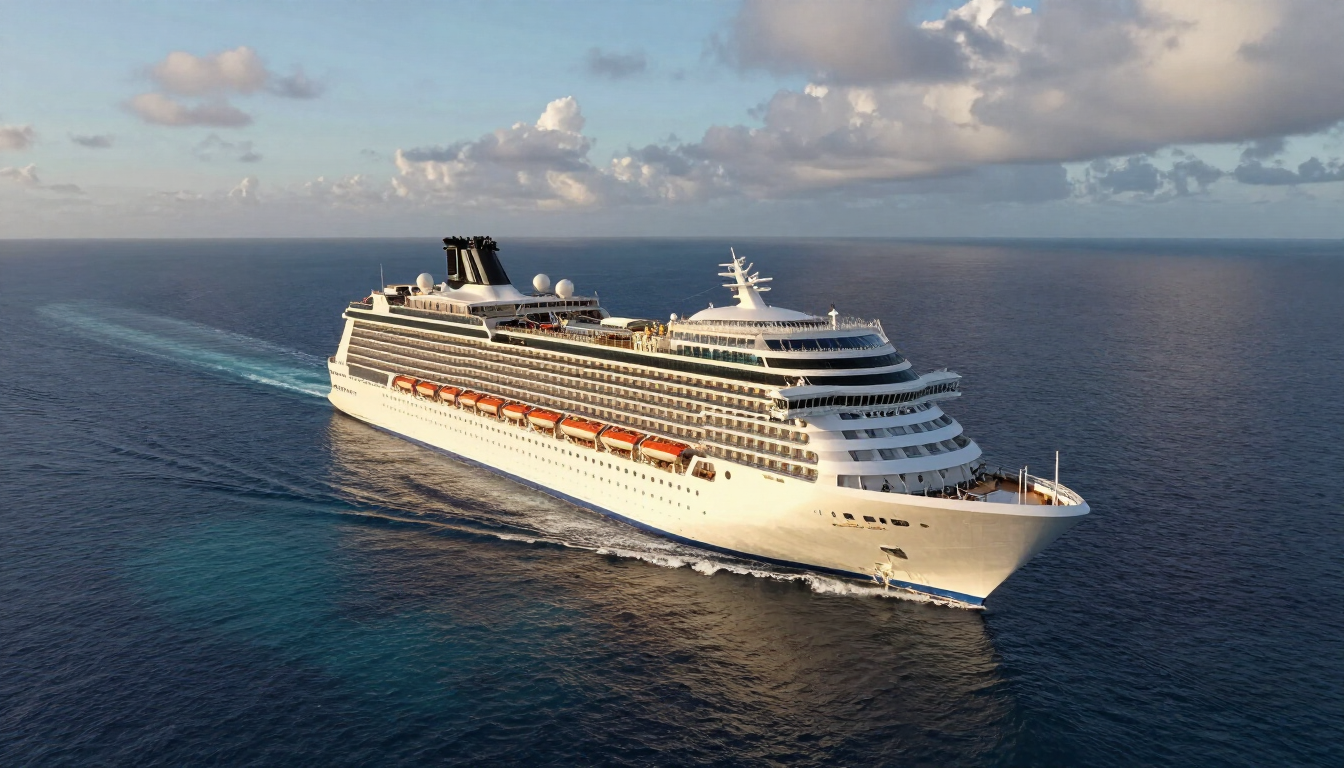 Luxury cruise ship sailing across the open ocean at golden hour
