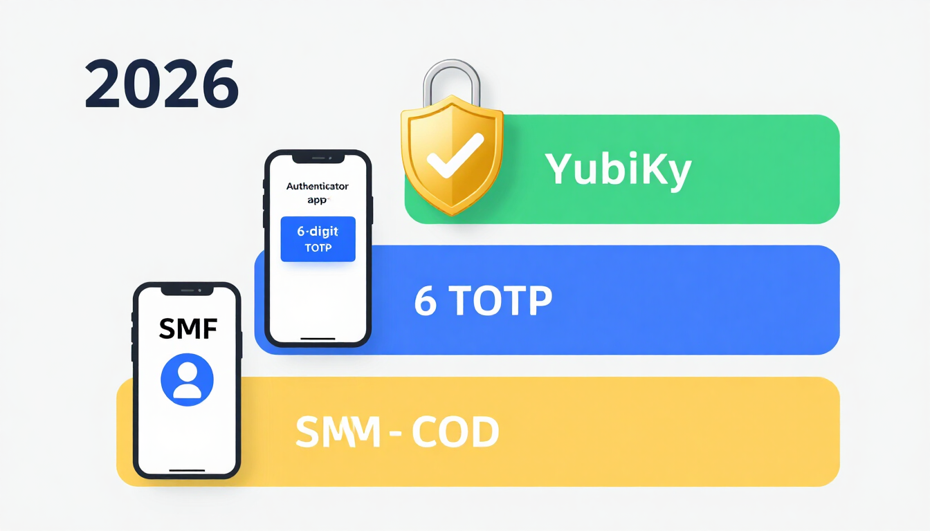 Multi-factor authentication hierarchy: SMS, TOTP authenticator app, and FIDO2 hardware security key tiers