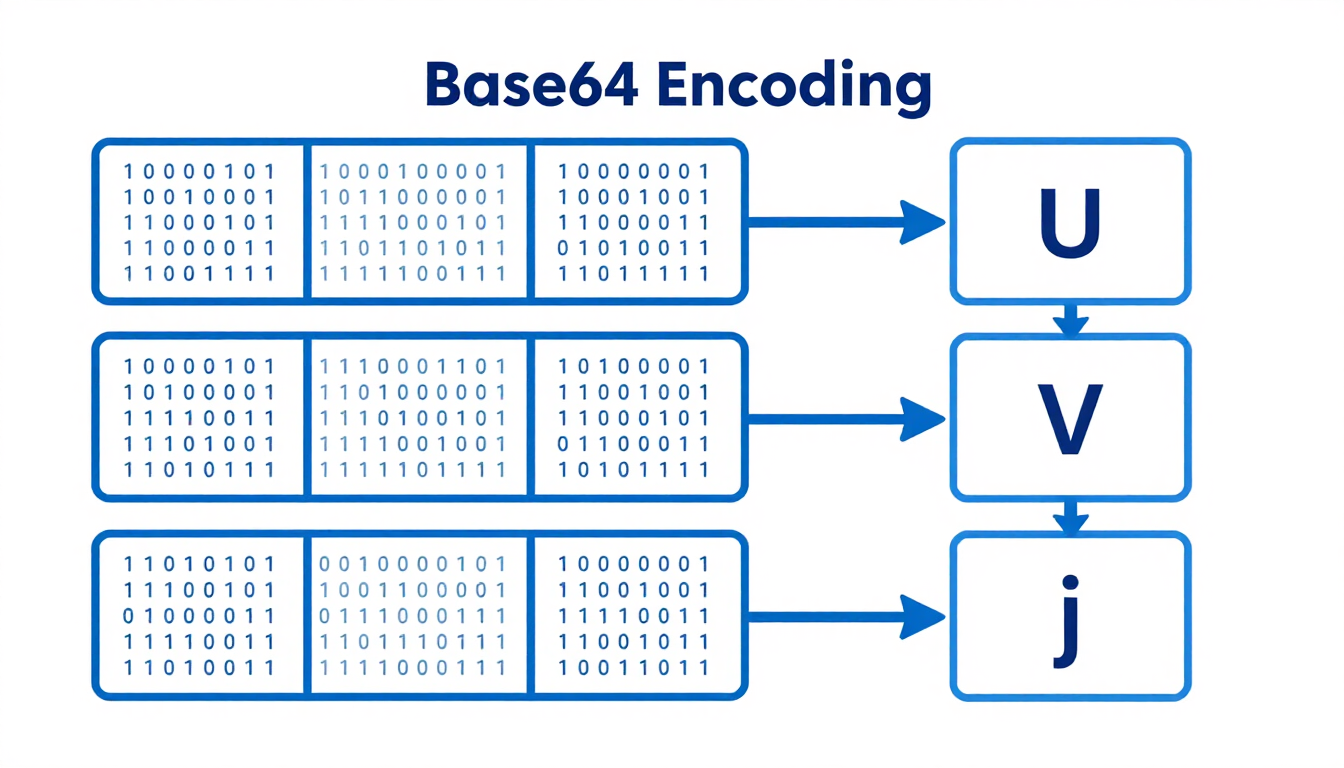 Base64 encoding explained: three 8-bit bytes regrouped into four 6-bit chunks mapped to characters