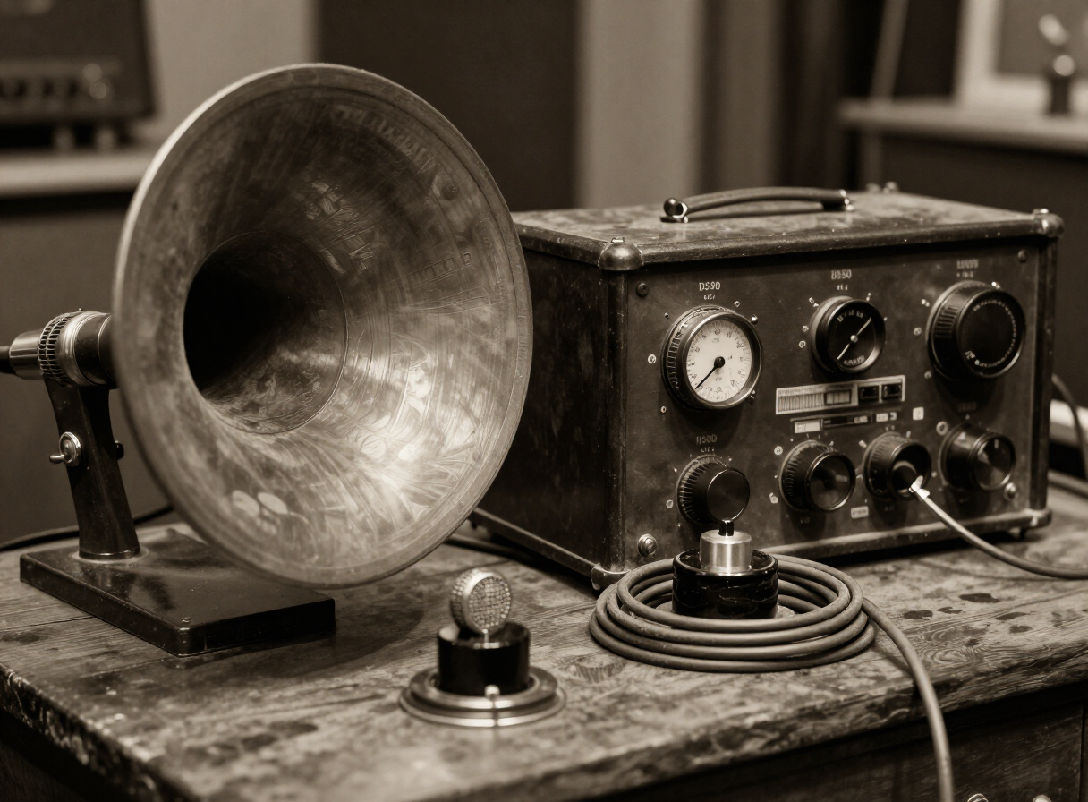 Close-up still life of vintage 1920s electrical recording equipment, evoking the technology Ralph Peer used during the Bristol Sessions