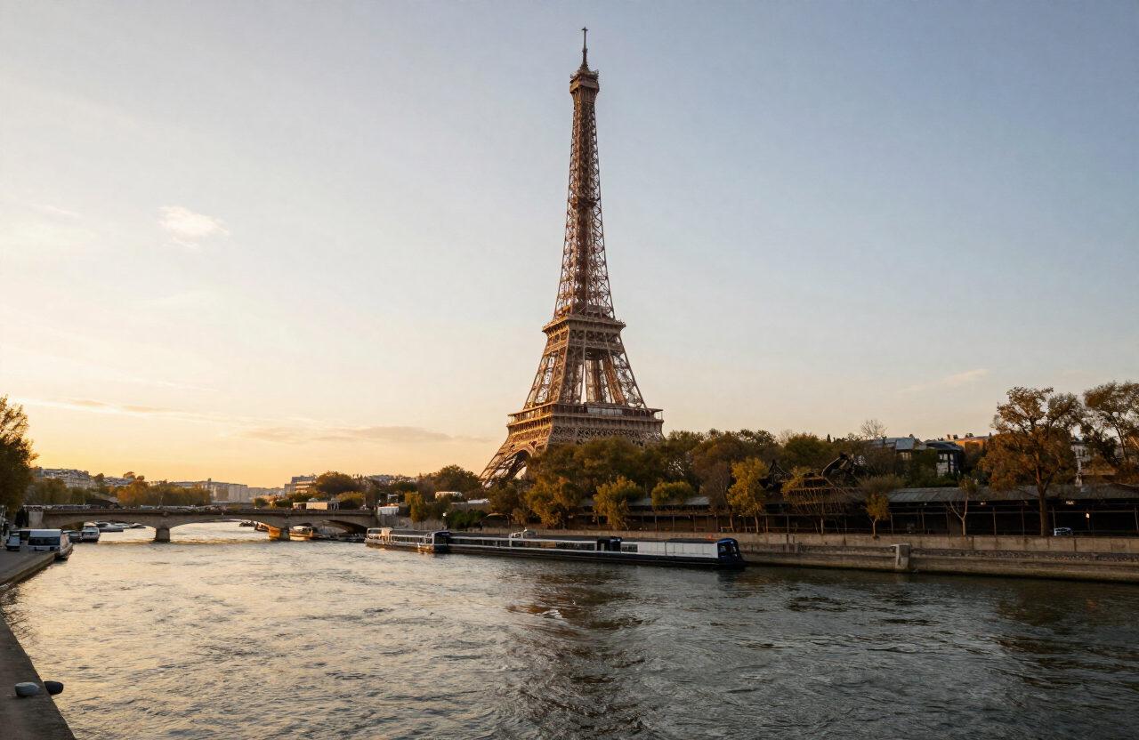 Eiffel Tower and the Seine river in Paris at golden hour