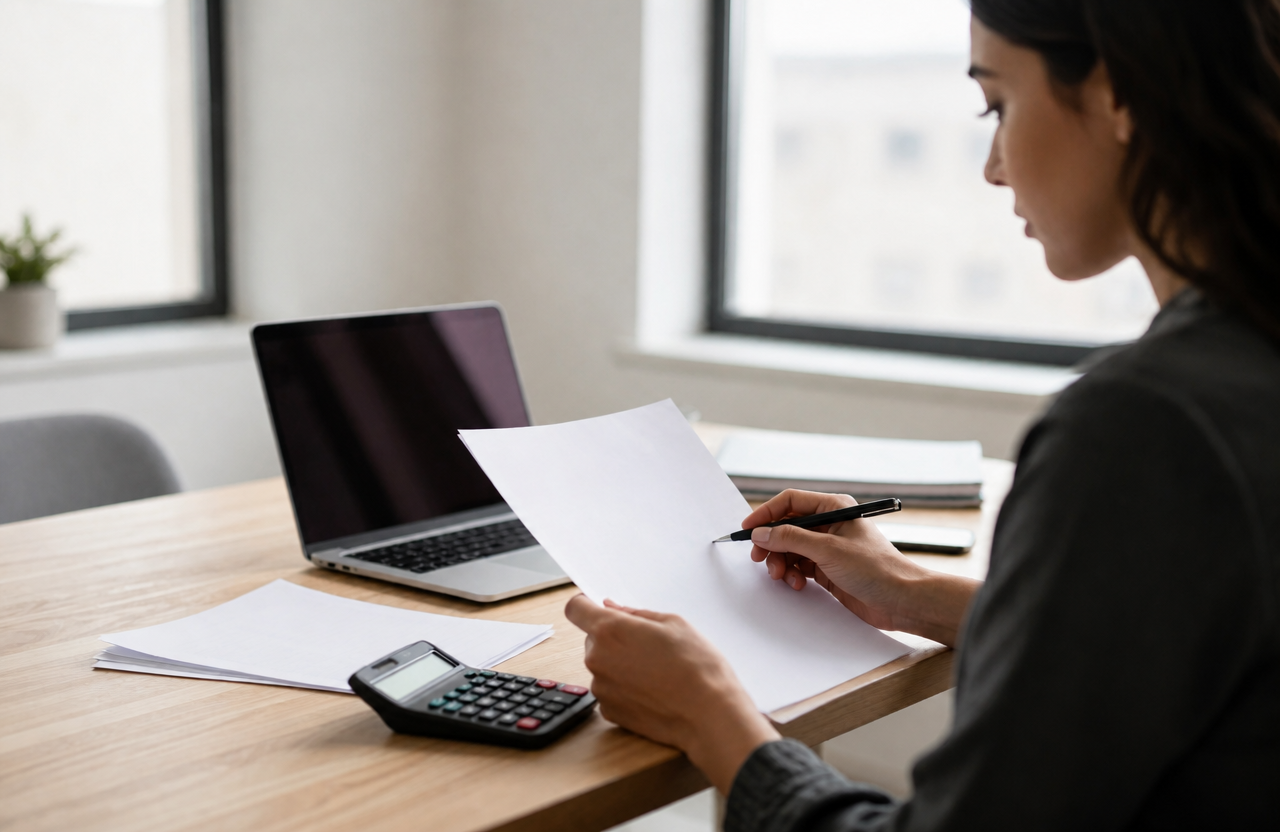 Woman reviewing an income tax return at a desk