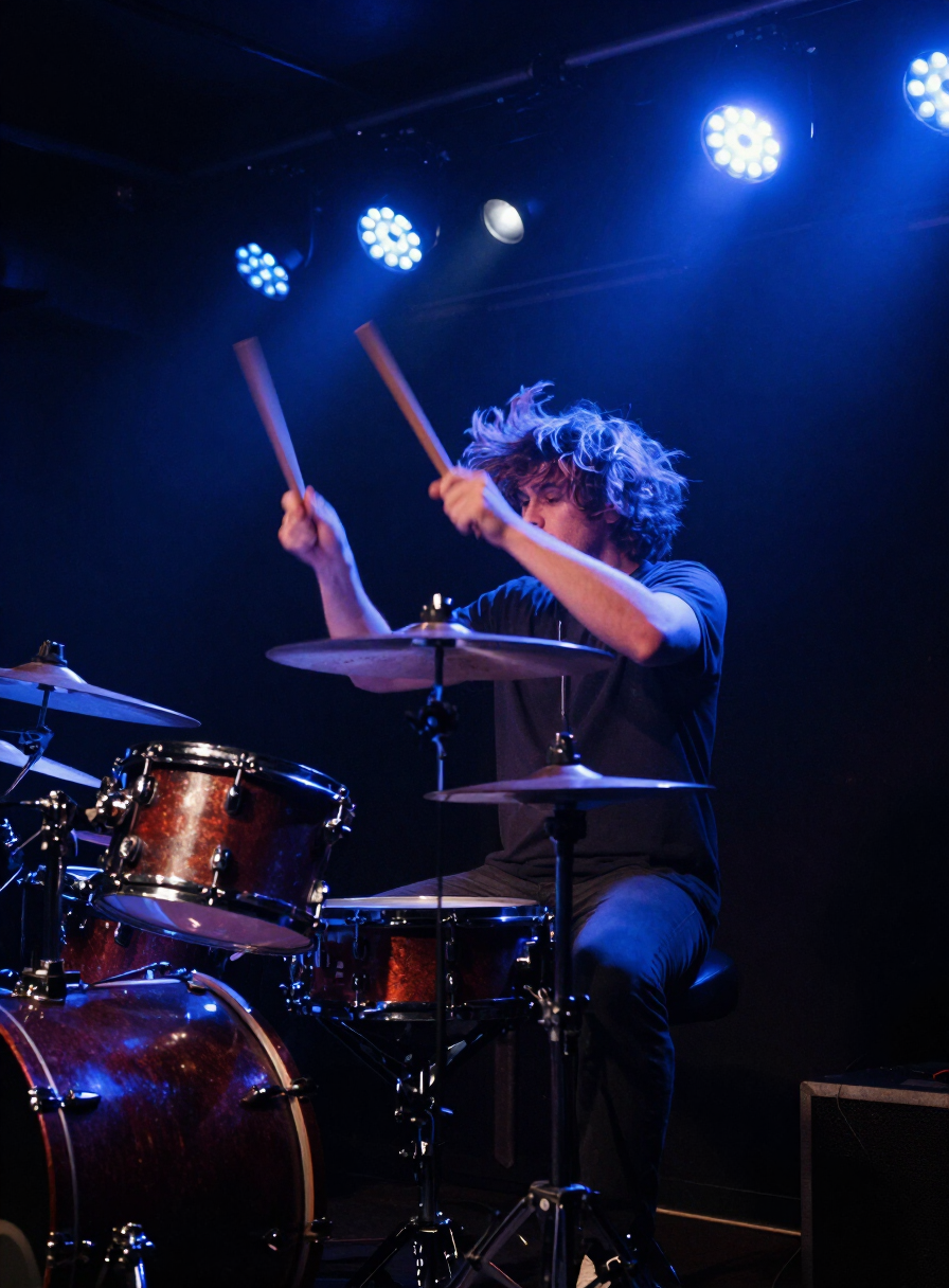Drummer throwing both arms through a fast fill beneath blue and white stage lights