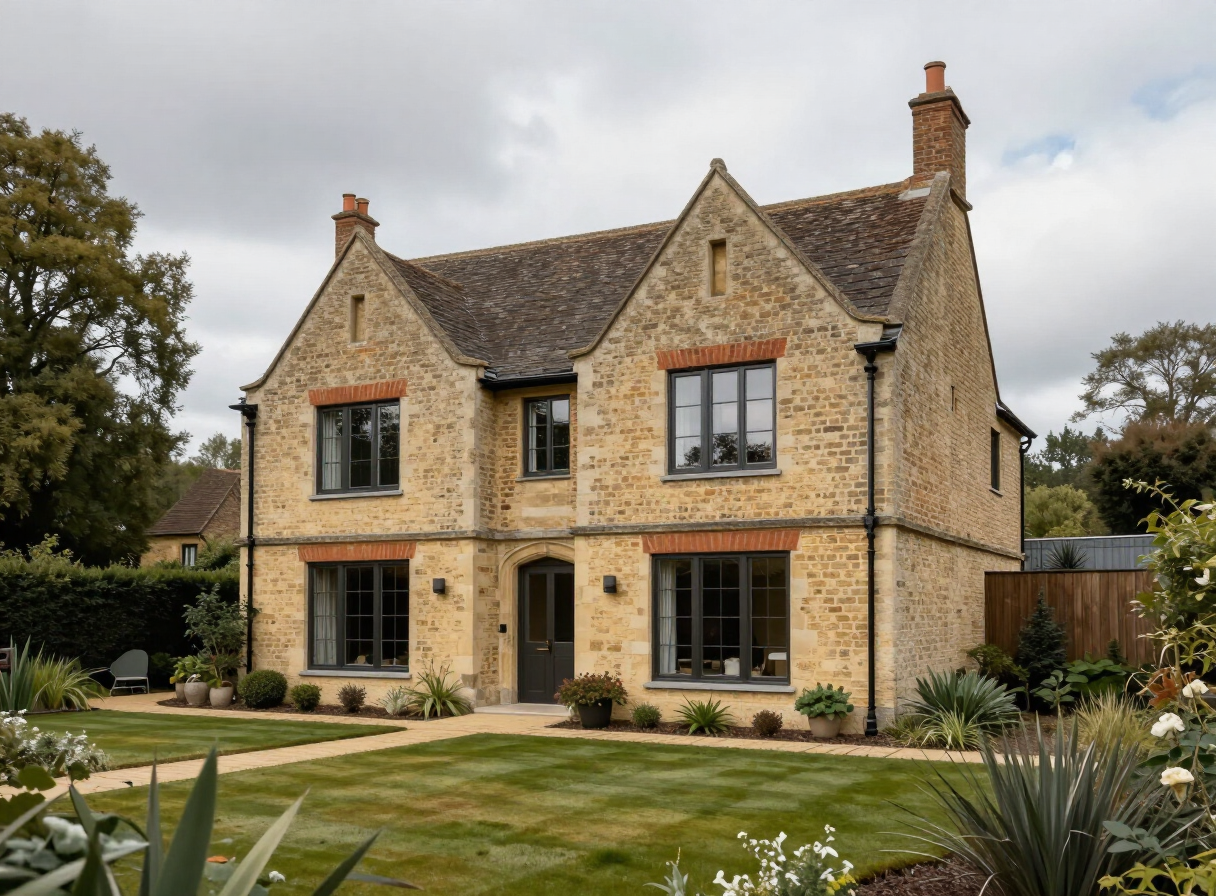 Contemporary British brick home set within landscaped gardens
