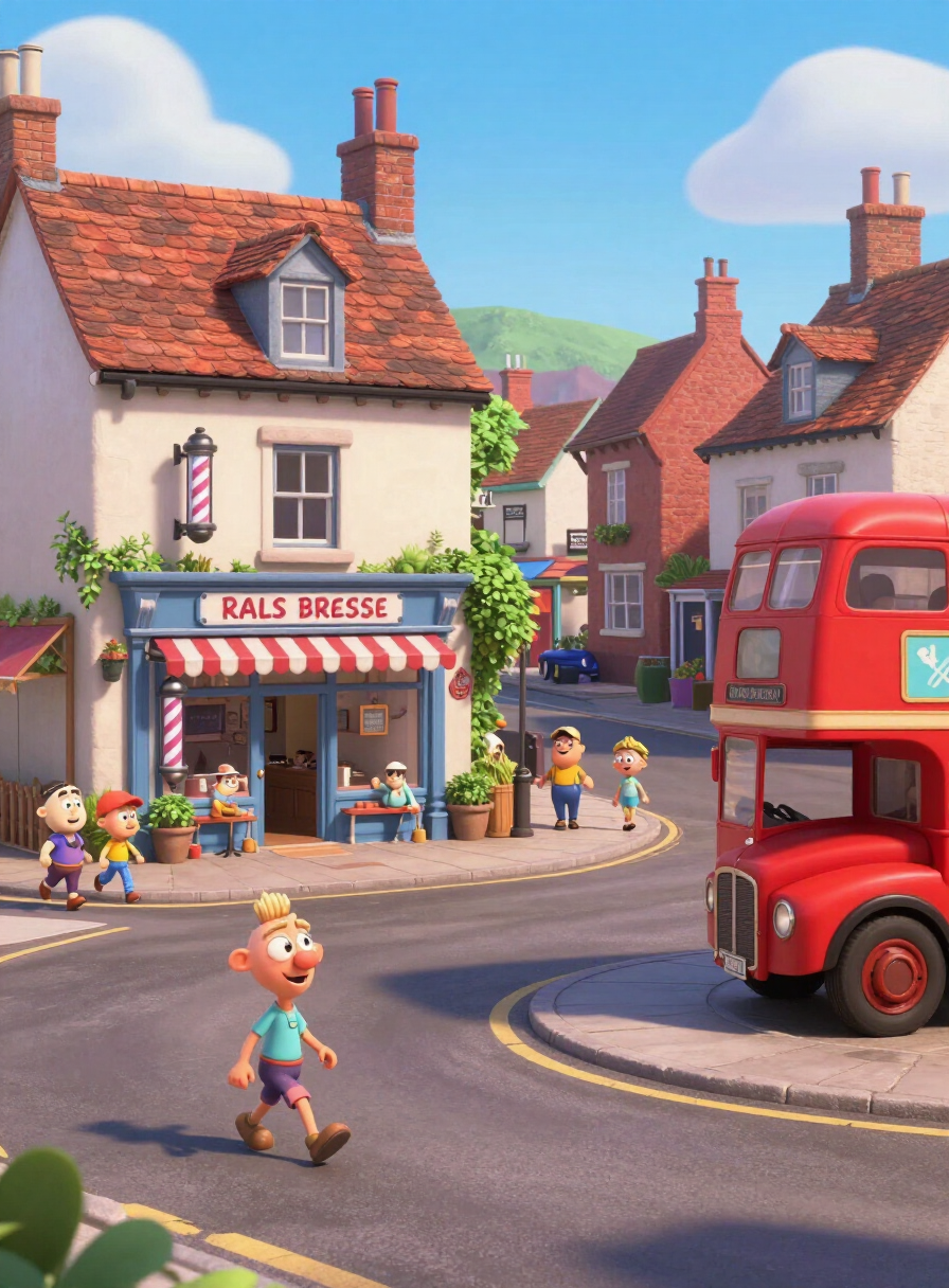 Cartoon English suburban street with a barber shop and red bus