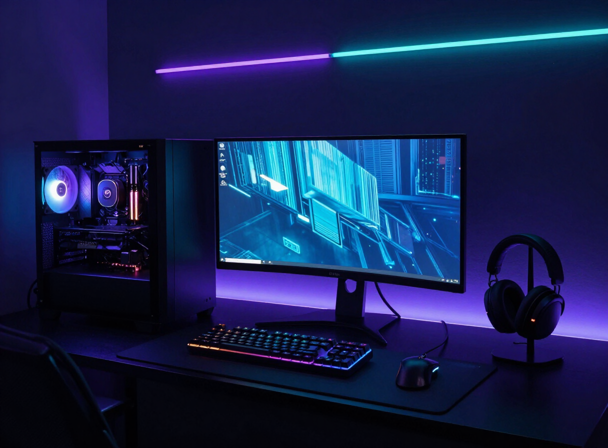 Setup gamer moderno com PC, monitor, teclado RGB, mouse, headset e iluminação neon